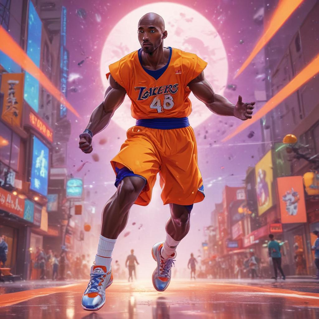 distance-shot, flashy, full-body, dynamic, holographic, animated cartoon poster of kobe scene in the style of dragon ball super