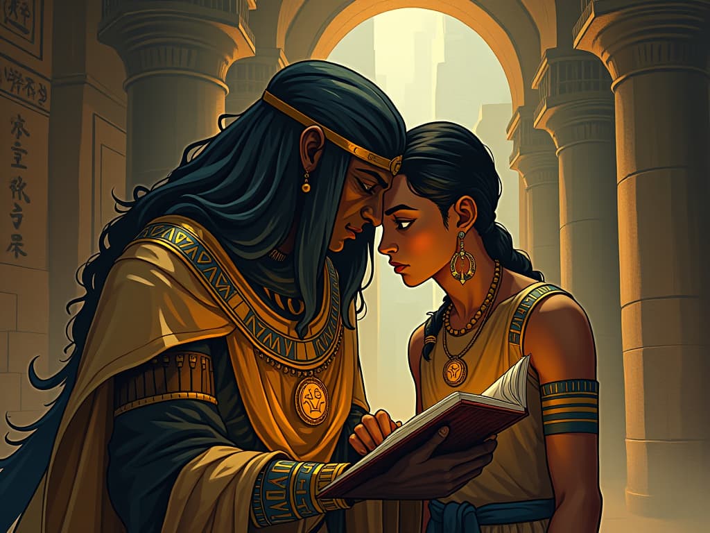  a mentor figure in ancient egypt, whispering wisdom into the ear of a young scribe, profound and illuminating. the style is digital art illustration / modern comic book / mysterious occult, symbolic, esoteric vibe,high detail on character design, incorporating ancient egyptian symbology and attire.