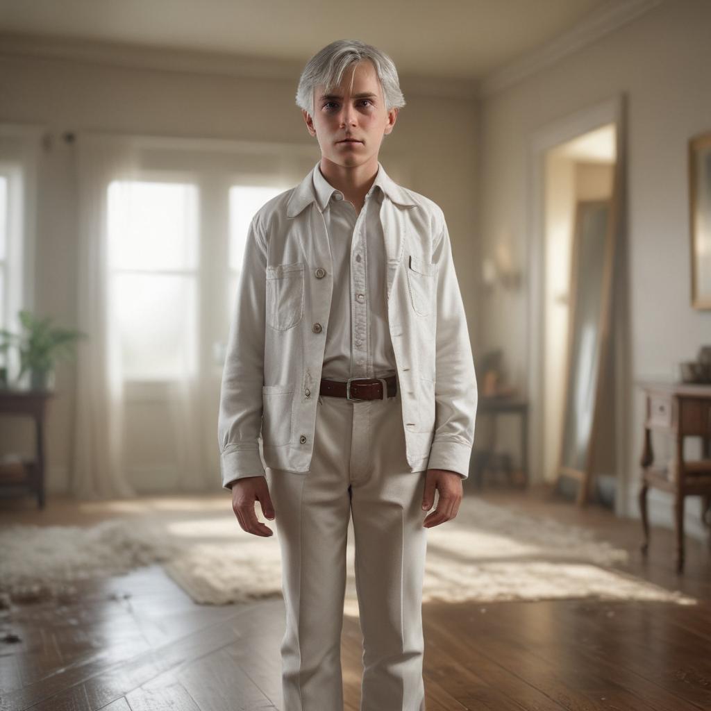 ((masterpiece)),(((best quality))), 8k, high detailed, ultra detailed,A old boy in a room wearing white in 1980,boy,((white )),room,1980 hyperrealistic, full body, detailed clothing, highly detailed, cinematic lighting, stunningly beautiful, intricate, sharp focus, f/1. 8, 85mm, (centered image composition), (professionally color graded), ((bright soft diffused light)), volumetric fog, trending on instagram, trending on tumblr, HDR 4K, 8K