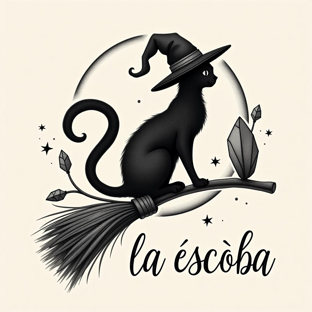  design a logo, in a pencil style. witchy, cat silhouette on broom, crystals, moon , with the text 'la escoba '.