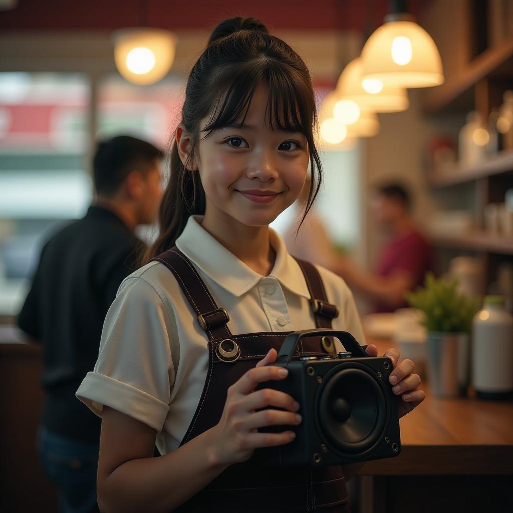  a girl in a cafe uniform at shawarma shop is holding a speaker in front. a giveaway. hyperrealistic, full body, detailed clothing, highly detailed, cinematic lighting, stunningly beautiful, intricate, sharp focus, f/1. 8, 85mm, (centered image composition), (professionally color graded), ((bright soft diffused light)), volumetric fog, trending on instagram, trending on tumblr, HDR 4K, 8K