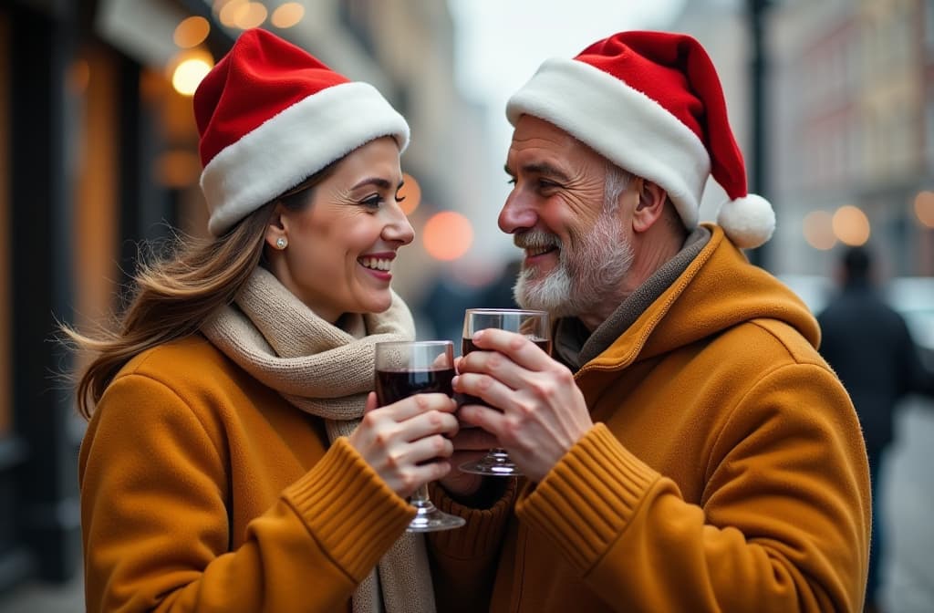  a middle aged couple on the street: a woman in beige and a man in mustard colored warm sweaters, jeans and santa claus hats drinking hot mulled wine , (natural skin texture), highly detailed face, depth of field, hyperrealism, soft light, muted colors