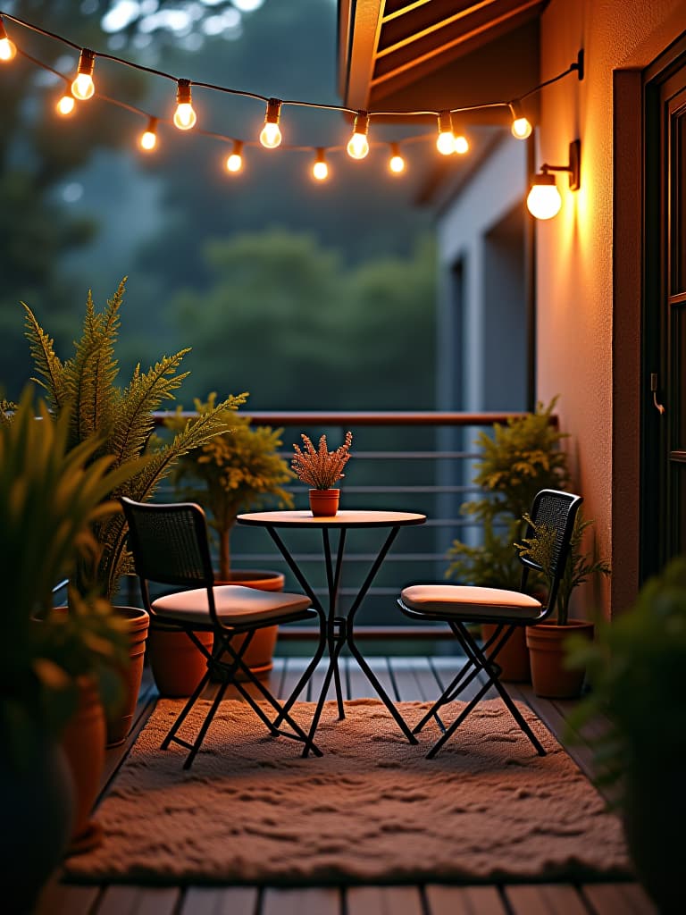  high quality portrait photo of a cozy balcony setting with string lights, a plush outdoor rug, potted plants, and a small bistro table with two chairs hyperrealistic, full body, detailed clothing, highly detailed, cinematic lighting, stunningly beautiful, intricate, sharp focus, f/1. 8, 85mm, (centered image composition), (professionally color graded), ((bright soft diffused light)), volumetric fog, trending on instagram, trending on tumblr, HDR 4K, 8K