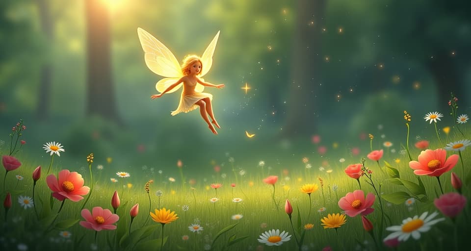  a luminous fairy flying over a tranquil meadow, her presence radiating undeniable truths. the initial resistance from the flora and fauna indicates a struggle against emerging realizations.. the style is digital art illustration,highly detailed, whimsical,magical, dreamlike atmosphere, realism and fantasy blend, smooth, glossy textures,luminous quality, wonder and enchantment.