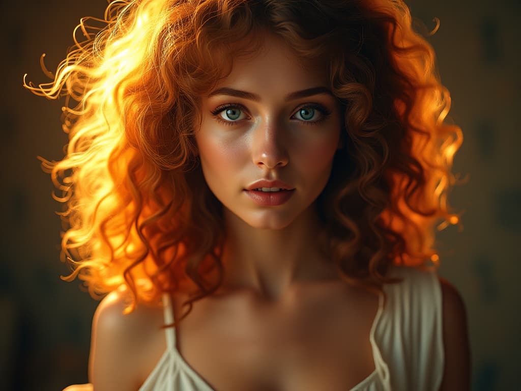  naturally beautiful ethereal devoted woman with dazzling curly hair, she is highly compasionate and conscious, leonardo da vinci style ambience and lighting