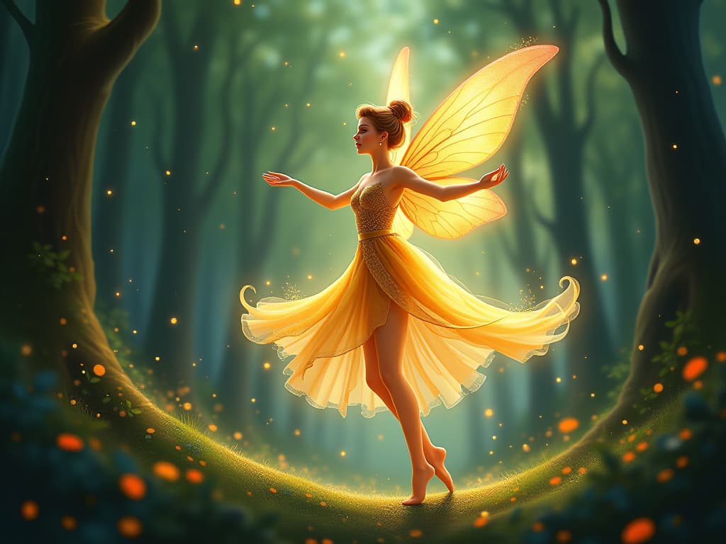  a glowing fairy dancing gracefully in a luminous forest, her movements perfectly in tune with the sparkling energies around her. the scene epitomizes universal flow. graceful, enchanted, luminous.. the style is digital art illustration,highly detailed, whimsical,magical, dreamlike atmosphere, realism and fantasy blend, smooth, glossy textures,luminous quality, wonder and enchantment.