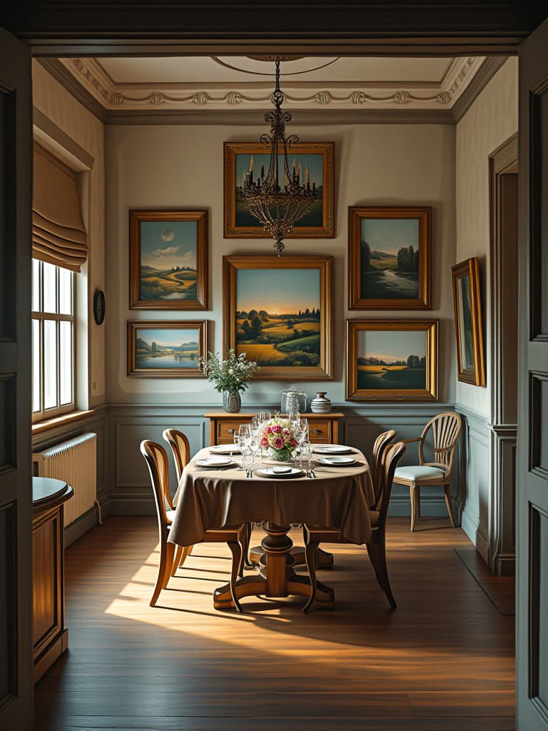  high quality portrait photo of a light filled farmhouse dining room with a striking wall of antique window frames, some with mirrors and others with countryside paintings, captured from the doorway hyperrealistic, full body, detailed clothing, highly detailed, cinematic lighting, stunningly beautiful, intricate, sharp focus, f/1. 8, 85mm, (centered image composition), (professionally color graded), ((bright soft diffused light)), volumetric fog, trending on instagram, trending on tumblr, HDR 4K, 8K