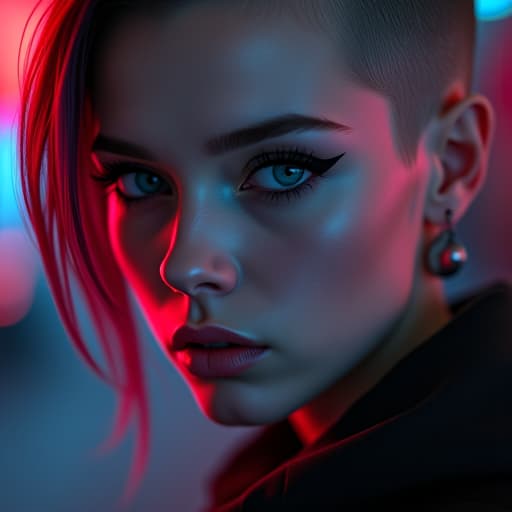  ultra realistic close up portrait ((beautiful pale cyberpunk female with heavy black eyeliner)), blue eyes, shaved side haircut, hyper detail, cinematic lighting, magic neon, dark red city, canon eos r3, nikon, f/1.4, iso 200, 1/160s, 8k, raw, unedited, symmetrical balance, in frame, 8k hyperrealistic, full body, detailed clothing, highly detailed, cinematic lighting, stunningly beautiful, intricate, sharp focus, f/1. 8, 85mm, (centered image composition), (professionally color graded), ((bright soft diffused light)), volumetric fog, trending on instagram, trending on tumblr, HDR 4K, 8K