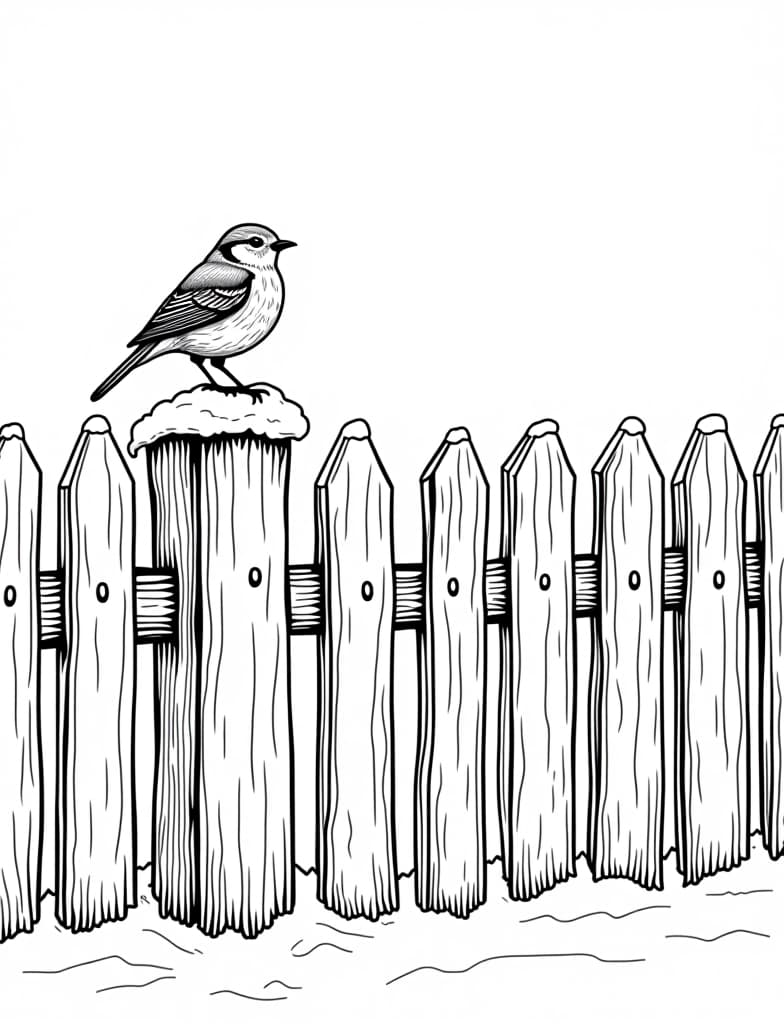  this is for an adult coloring page. a detailed black and white line art of a snowy snow covered fence with a robin perched on top on a solid white background.