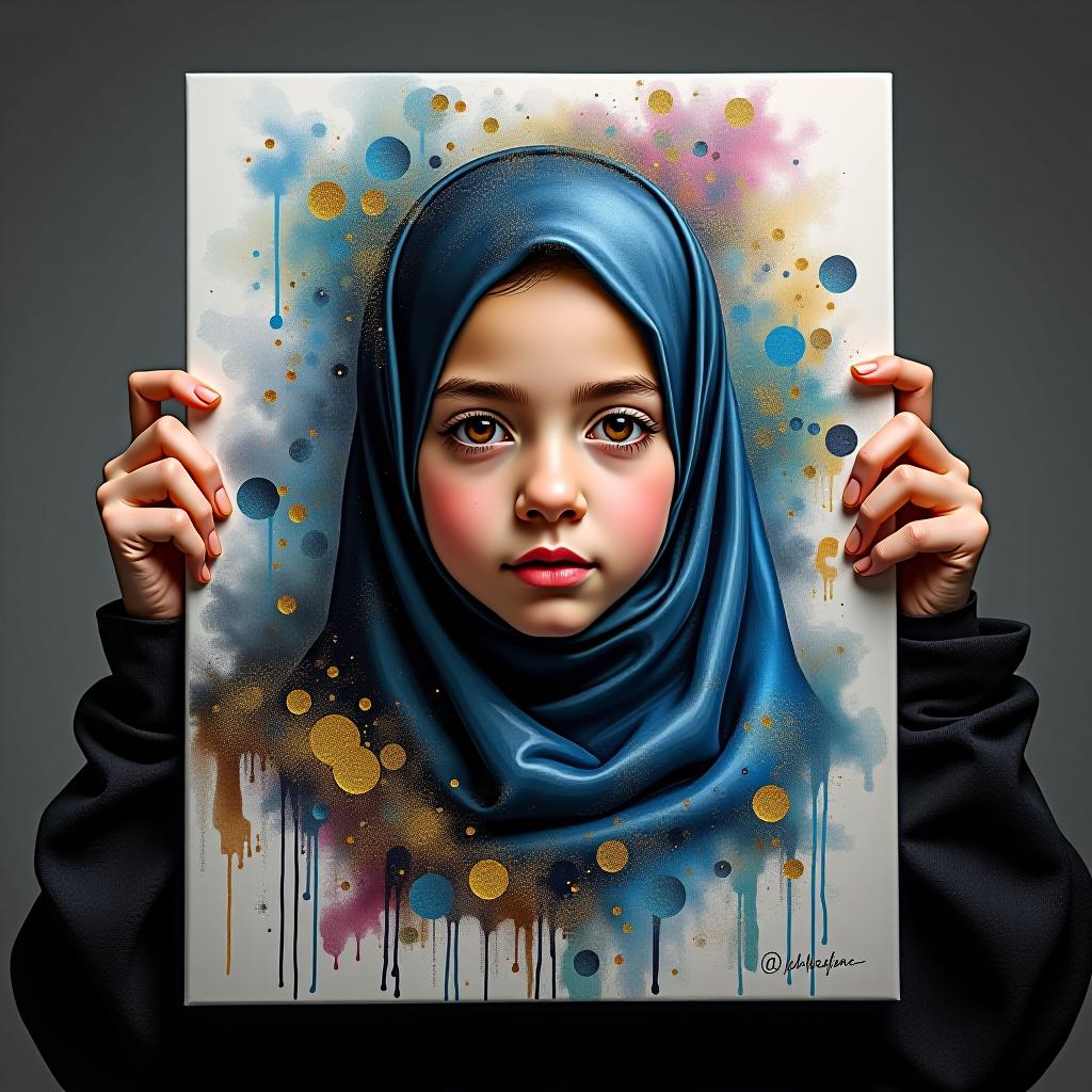  a painting made of epoxy resin is held by a girl in a niqab.