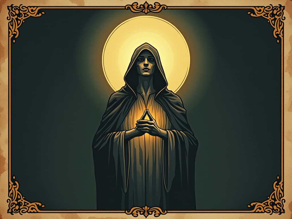  aura of light, warmth enveloping a figure, dark surroundings, serene facial expressions, comforting, supportive, bolstering courage. an illustration in the style of a worn, mystical old tarot trump card, mysterious and elements of surrealism. the colors are muted, somber and eerie, but with contrast bring out an occult and esoteric vibe.