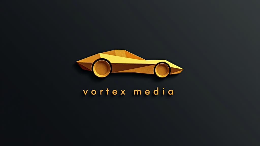  design a logo, in a origami style. logo of a car, gold color, with the text 'vortex media'.