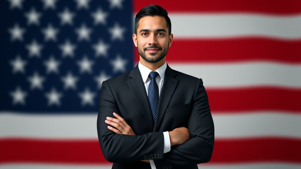  professional man in a suit stands confidently against a backdrop of the american flag, symbolizing patriotism and leadership.