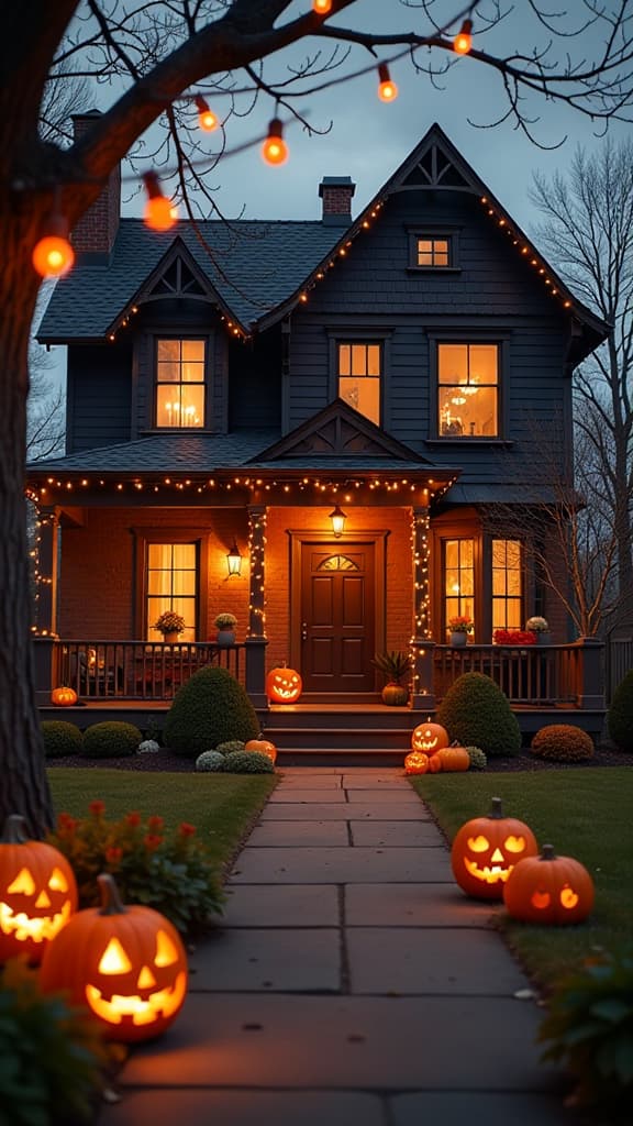  real estate photography style halloween interior with pumpkin of a private house, modern cozy style, glow garland ar 9:16 . professional, inviting, well lit, high resolution, property focused, commercial, highly detailed