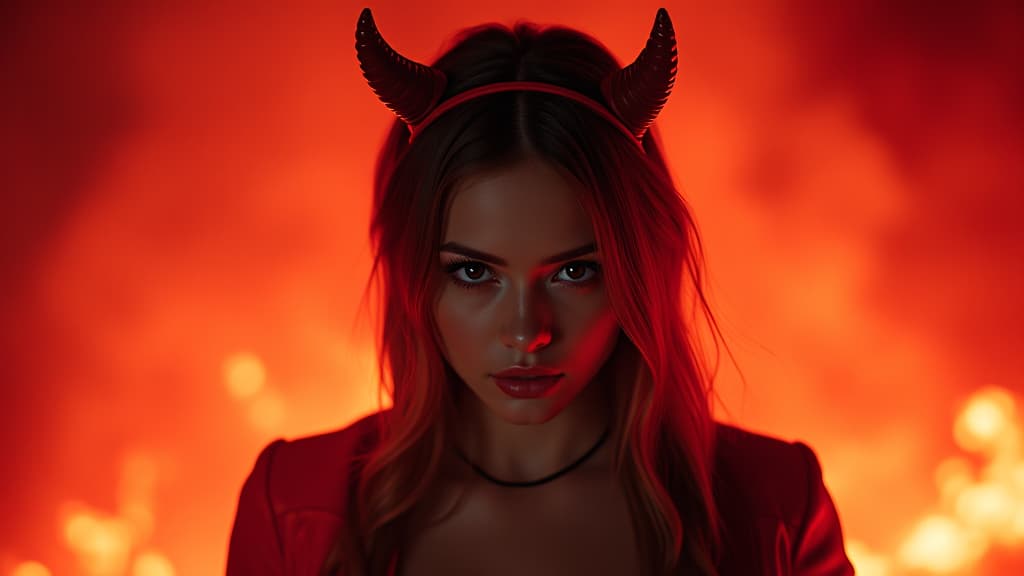  detailed shot of a girl wearing a devil horns headband, standing in a fiery background, vibrant red tones, sharp focus, high quality, high details, hd, perfect composition, 4k epic detailed, highly detailed, sharp focus, high resolution