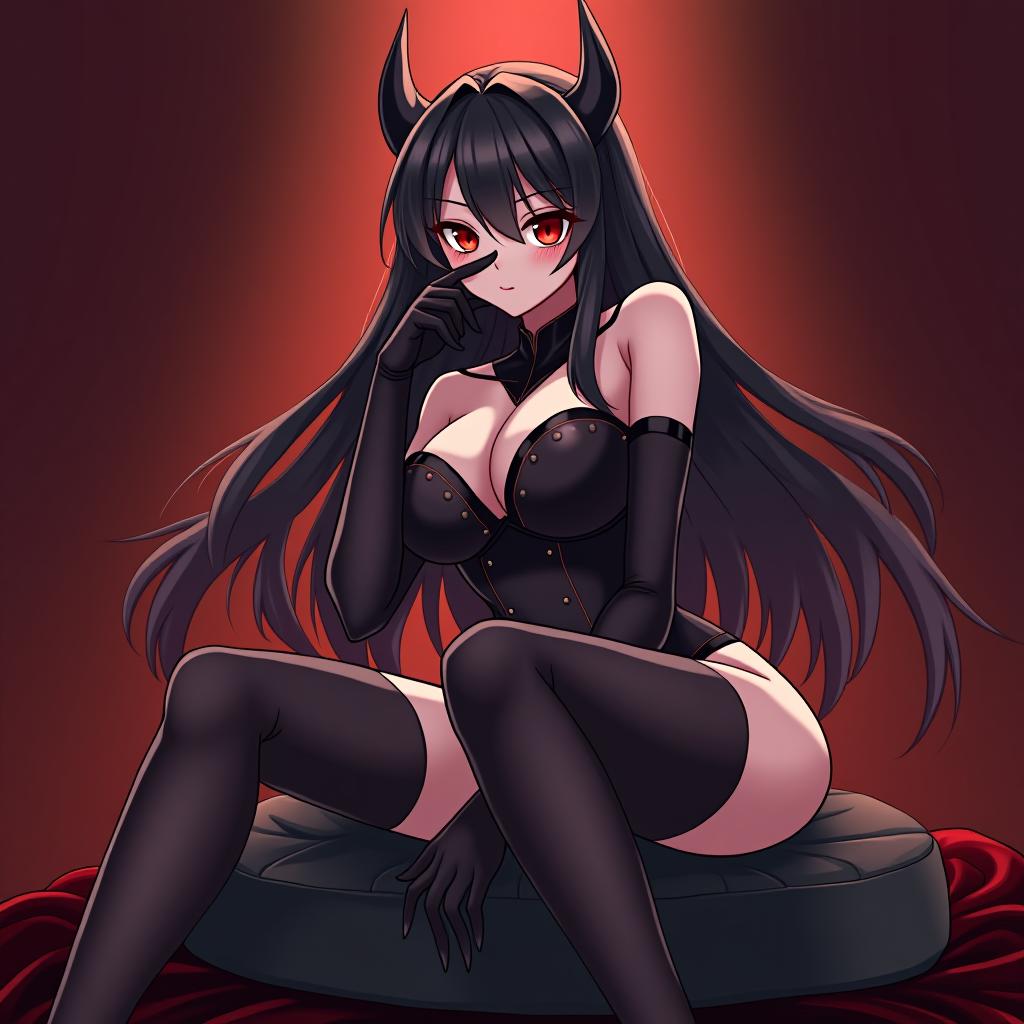  attractive anime demon in black satin gloves, and stockings who sits on top of a guy and holds his nose and mouth so that he cannot breathe