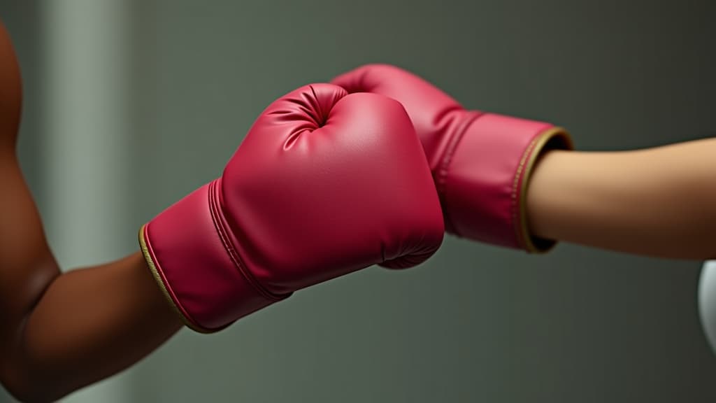  woman arm and hand is wearing boxing grove and is hooking or fighting with someone or against something, breast cancer campaign.