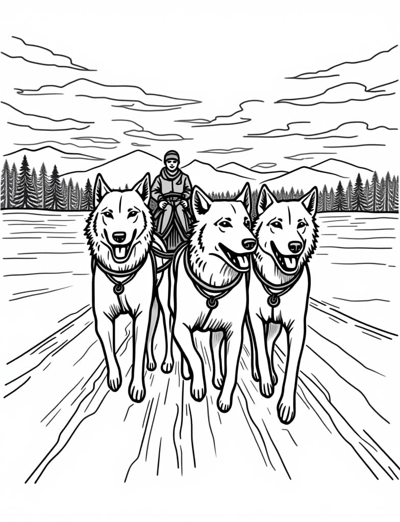  this is for an adult coloring page. a detailed black and white line art of a snowy sled dogs pulling a sled across a snowy plain on a solid white background.