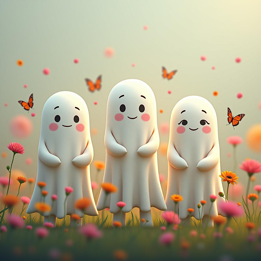  create a tshirt design featuring a row of three cute, cartoonish ghost characters, each with a different appearance, standing in different positions within sparse, life like wildflowers. each ghost should have a unique expression or pose, with the flowers minimally surrounding them. the background should be transparent, complementing the realistic wildflower elements and enhancing the overall cheerful and fun atmosphere. include two butterfly in the scene. hyperrealistic, full body, detailed clothing, highly detailed, cinematic lighting, stunningly beautiful, intricate, sharp focus, f/1. 8, 85mm, (centered image composition), (professionally color graded), ((bright soft diffused light)), volumetric fog, trending on instagram, trending on tumblr, HDR 4K, 8K