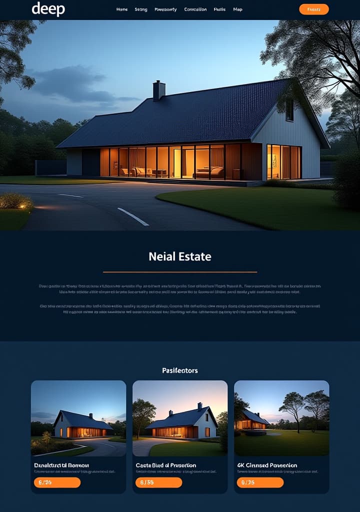  design a property showcase template for 'deep' real estate: style: modern, clean, and image focused. layout: full page layout with the main image of the property taking up the top half, and details below. images: high resolution images of the property, with space for a gallery of 4 6 photos. property details: include sections for property description, key features, location map, and pricing. color scheme: use the brand’s deep blue, white, and gold palette to maintain a consistent look hyperrealistic, full body, detailed clothing, highly detailed, cinematic lighting, stunningly beautiful, intricate, sharp focus, f/1. 8, 85mm, (centered image composition), (professionally color graded), ((bright soft diffused light)), volumetric fog, trending on instagram, trending on tumblr, HDR 4K, 8K