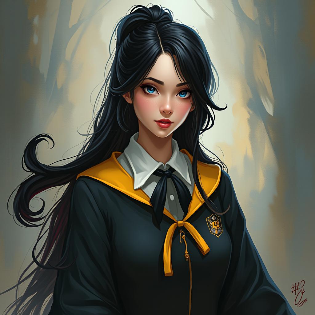  hair long black hair eyes hazel blue half blood height : 5’4 protronus : weasel quidditch ; beater hogwarts house : huffle puff (black/yellow/grey ) (harry potter style) hair long black pony tail , eyes hazel blue female big chested, award winning, professional, highly detailed, masterpiece