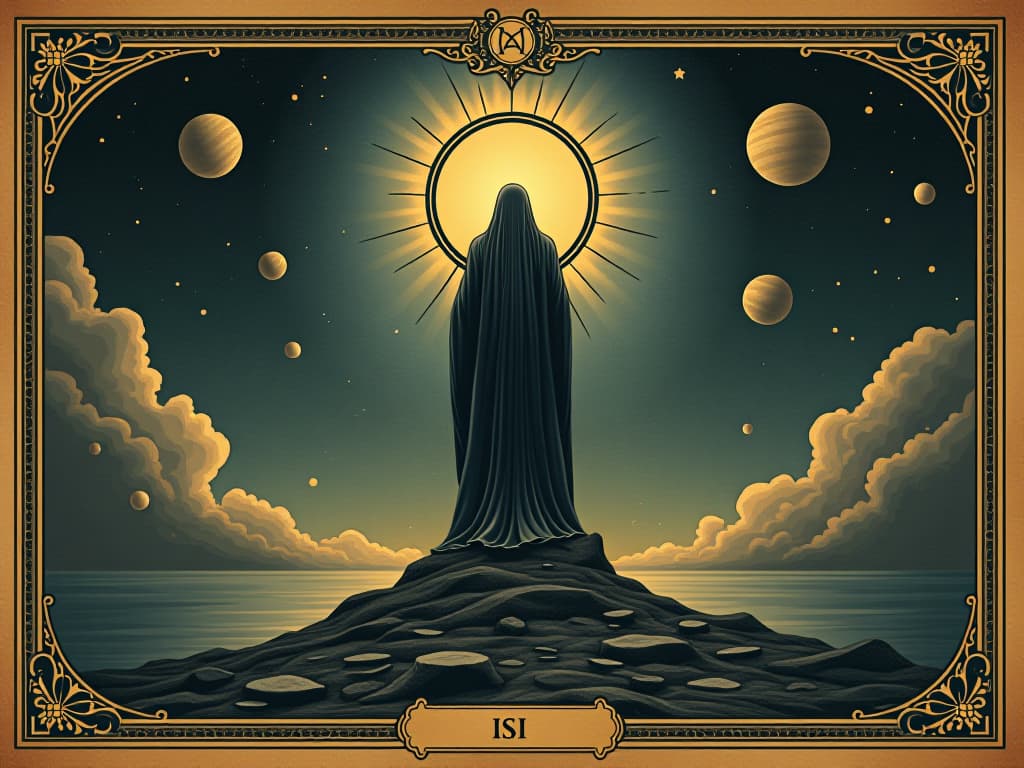  isis surrounded by a glowing light, standing at a threshold between two worlds, celestial bodies in the background, navigating realms, ethereal, mystical. an illustration in the style of a worn, mystical old tarot trump card, mysterious and elements of surrealism. the colors are muted, somber and eerie, but with contrast bring out an occult and esoteric vibe.