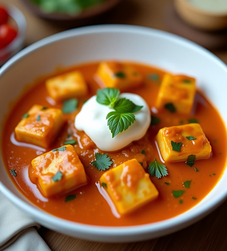  paneer tikka masala dish with no sides. cream on top. served in a white bowl. the image must look natural like what you see on a restaurant menu website that a guest might take a picture of. must avoid cartoonish or anime features., high quality, high details, hd, perfect composition, 4k epic detailed, highly detailed, sharp focus, high resolution