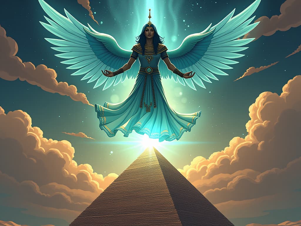  an ethereal scene with air elements swirling around an aquamarine crystal, floating above a pyramid, air symbolizing innovation and change. the style is digital art illustration / modern comic book / mysterious occult, symbolic, esoteric vibe,high detail on character design, incorporating ancient egyptian symbology and attire.