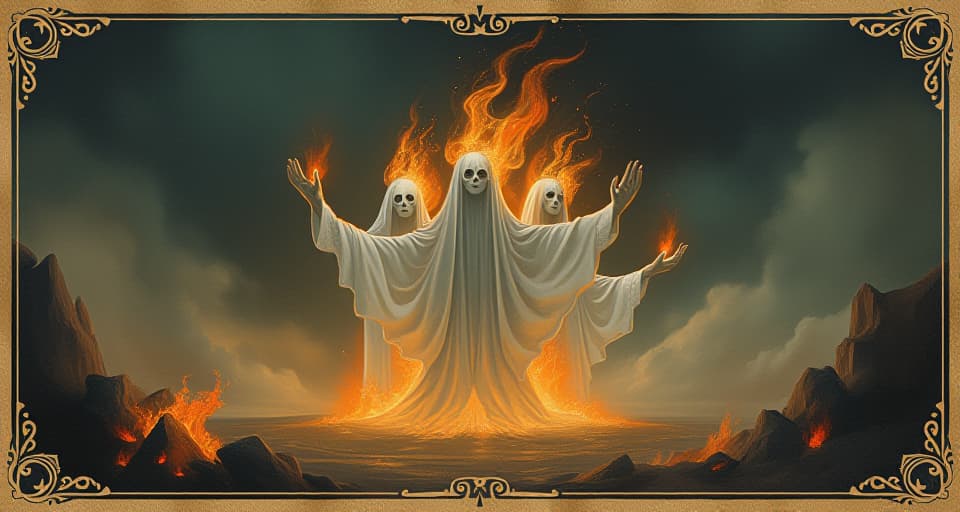  ghostly figures wreathed in ethereal fire, flames dancing ominously, haunting, lingering. an illustration in the style of a worn, mystical old tarot trump card, mysterious and elements of surrealism. the colors are muted, somber and eerie, but with contrast bring out an occult and esoteric vibe.