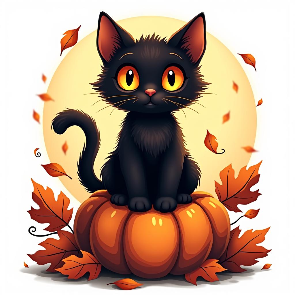  a cute black cat with glowing eyes sitting on a pumpkin, surrounded by swirling autumn leaves in a whimsical style, with warm, moody lighting. t shirt design, vector, contour, white background, no mockup hyperrealistic, full body, detailed clothing, highly detailed, cinematic lighting, stunningly beautiful, intricate, sharp focus, f/1. 8, 85mm, (centered image composition), (professionally color graded), ((bright soft diffused light)), volumetric fog, trending on instagram, trending on tumblr, HDR 4K, 8K