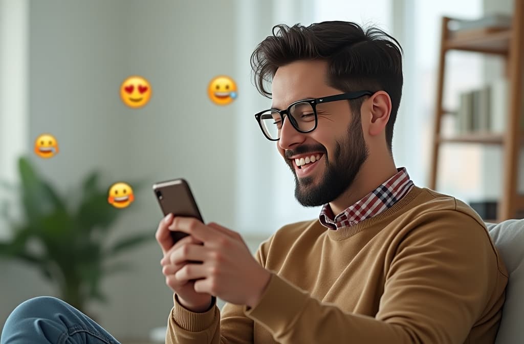  happy man on the right in the photo. using a smartphone. around the smartphone emojis. blurred white background of the room ar 3:2 {prompt}, maximum details