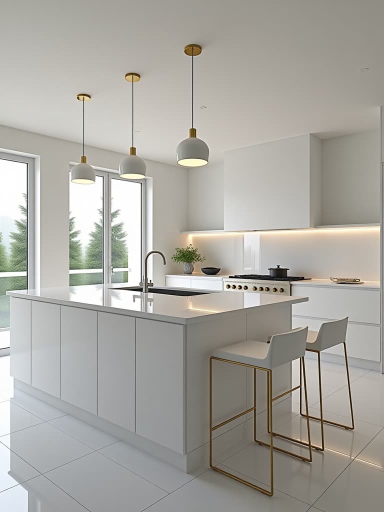  high quality portrait photo of a white kitchen island with a waterfall countertop, pendant lights above, and sleek bar stools, viewed from a 45 degree angle hyperrealistic, full body, detailed clothing, highly detailed, cinematic lighting, stunningly beautiful, intricate, sharp focus, f/1. 8, 85mm, (centered image composition), (professionally color graded), ((bright soft diffused light)), volumetric fog, trending on instagram, trending on tumblr, HDR 4K, 8K