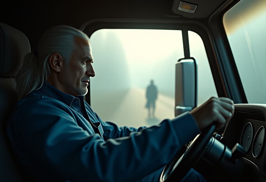  hyperrealistic art the witcher henry cavill in the image of a truck driver in a blue jumpsuit rides in a car behind the wheel, outside the window of midday and ghosts . extremely high resolution details, photographic, realism pushed to extreme, fine texture, incredibly lifelike hyperrealistic, full body, detailed clothing, highly detailed, cinematic lighting, stunningly beautiful, intricate, sharp focus, f/1. 8, 85mm, (centered image composition), (professionally color graded), ((bright soft diffused light)), volumetric fog, trending on instagram, trending on tumblr, HDR 4K, 8K