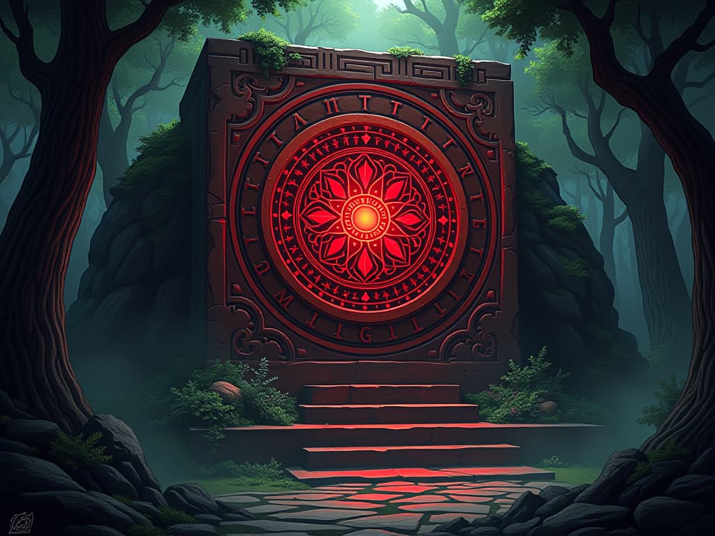  red granite foundation stone, intricately carved, surrounded by lush greenery, air of foundational strength. the style is digital art illustration / modern comic book / graphic dark novel fantasy and mysterious occult, symbolic, moody lighting, esoteric vibe,high detail on character design. for the color scheme emphasize blacks and reds.