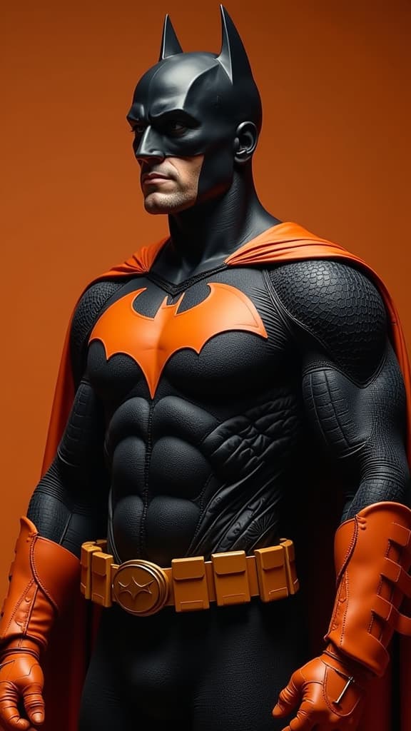  half black half orange mask covering entire face. half black half orange bat symbol on chest. half black half orange belt. orange cape. orange gloves. half black half orange suit.