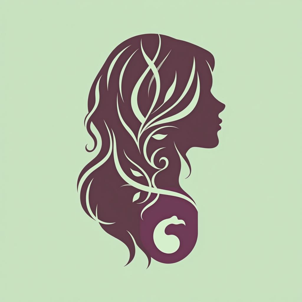  design a logo, 1. **Élément principal :** **silhouette** : une silhouette élégante d'une femme vue de dos. **cheveux** : ses cheveux sont longs, bruns, et fluides, comme emportés par une brise légère. **détails** : des motifs de feuillages dorés s'intègrent harmonieusement dans les cheveux, apportant une touche de raffinement. 2. **symbole :** **ciseaux haut de gamme** : un symbole de ciseaux stylisé, positionné subtilement au centre, entre les mèches de cheveux de la silhouette. ce symbole représente le service de coiffure de qualité supérieure. 3. **palette de couleurs :** **couleurs douces** : des nuances de vert pastel et de violet léger sont utilisées pour les éléments principaux, créant 