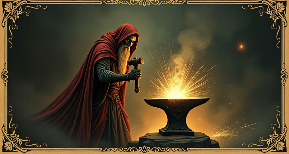  a glowing figure with anvil and hammer, forging a divine artifact, sparks flying, resilient creation, spiritual transformation. an illustration in the style of a worn, mystical old tarot trump card, mysterious and elements of surrealism. the colors are muted, somber and eerie, but with contrast bring out an occult and esoteric vibe.