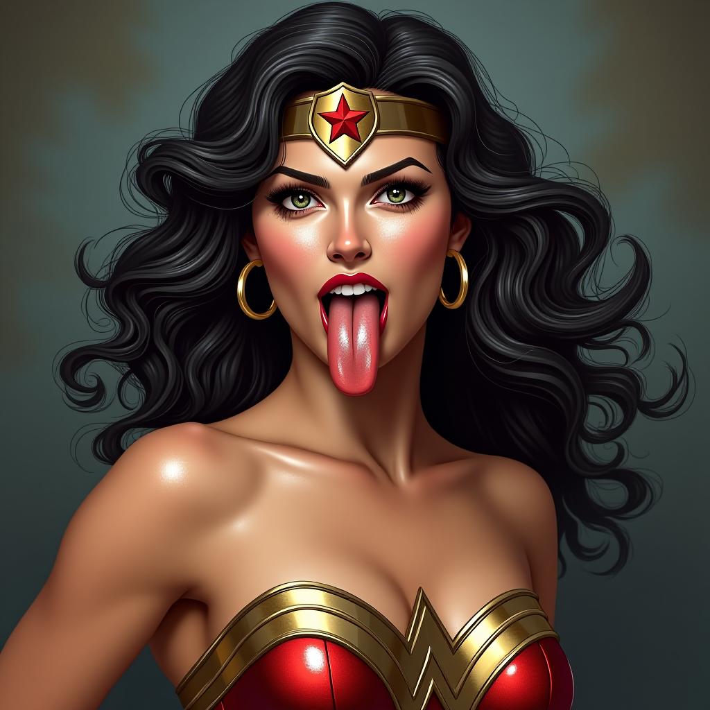  beautiful wonder woman sticking her large tongue fully out, sweating a lot, award winning, professional, highly detailed, masterpiece