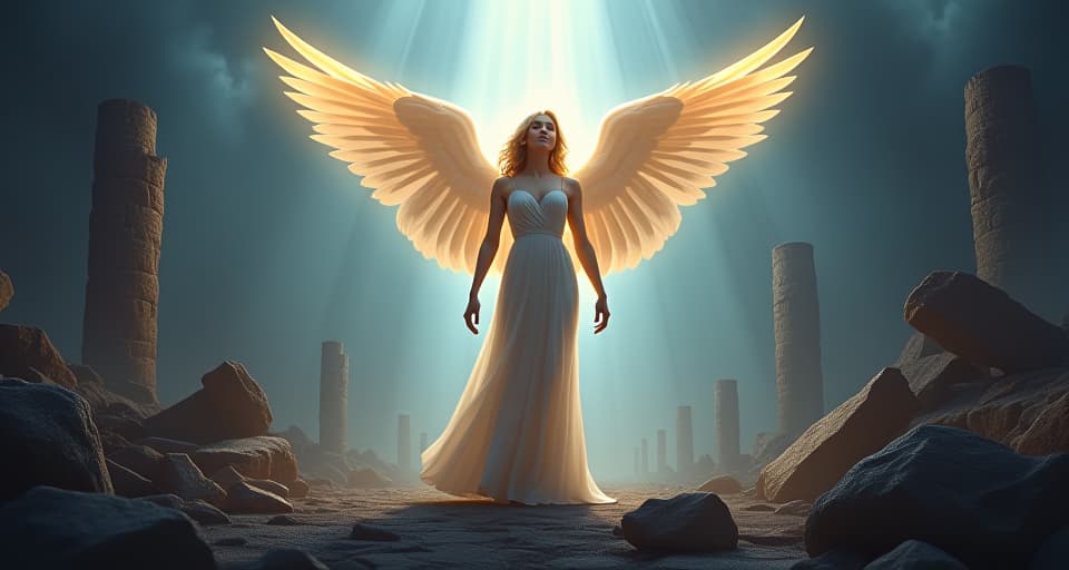  an ethereal figure, strong and resolute, standing amidst ruins, illuminated by a divine light. symbolizing defiance and strength, powerful atmosphere.. the style is digital art illustration,highly detailed, whimsical,magical, dreamlike atmosphere, realism and fantasy blend, smooth, glossy textures,luminous quality, wonder and enchantment.