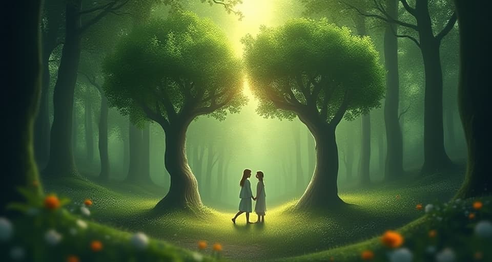  in an enchanted forest, a translucent being stands as a friendship represented by two trees entwining splits apart, softly glowing particles mark the separation.. the style is digital art illustration,highly detailed, whimsical,magical, dreamlike atmosphere, realism and fantasy blend, smooth, glossy textures,luminous quality, wonder and enchantment.