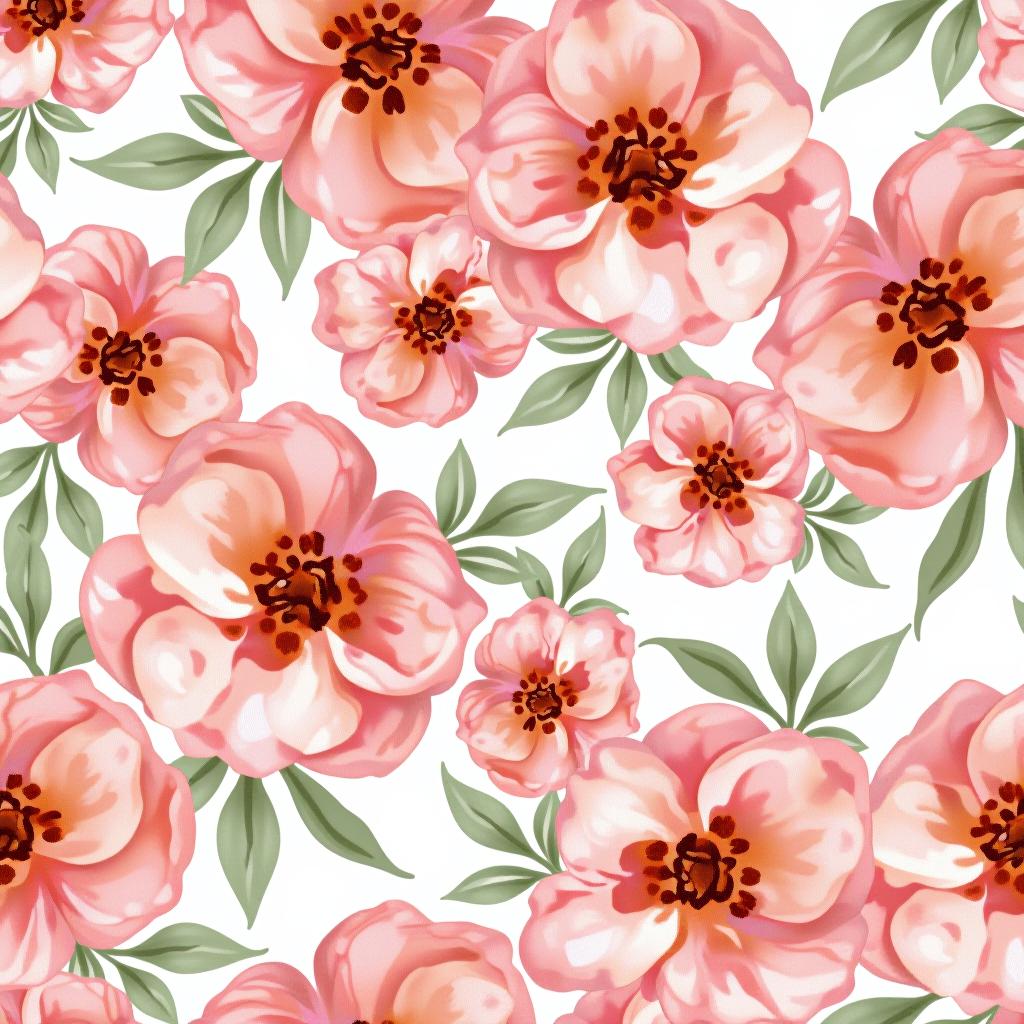  create a seamless digital design featuring a pattern of large, beautiful flowers with soft, watercolor like effects. the flowers should cover the entire surface, creating a bold, elegant, and continuous look. the overall style should be light and airy, with delicate leaves and petals to enhance the natural, floral theme. the design should be seamless to ensure it can be used in repeating patterns or wraps.