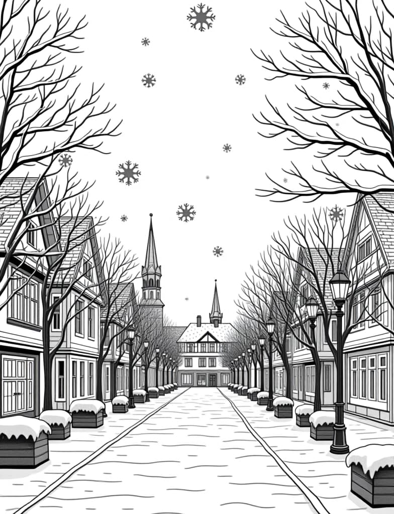  this is for an adult coloring page. a detailed black and white line art of a snowy snowflakes falling gently over a quiet town square on a solid white background.