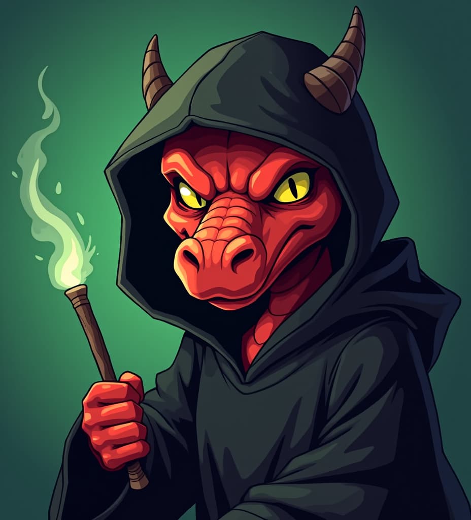  a menacing looking red skinned humanoid dragon with yellow eyes wearing a black hoodie and wielding a magic wand in front of a cyan to green fade background