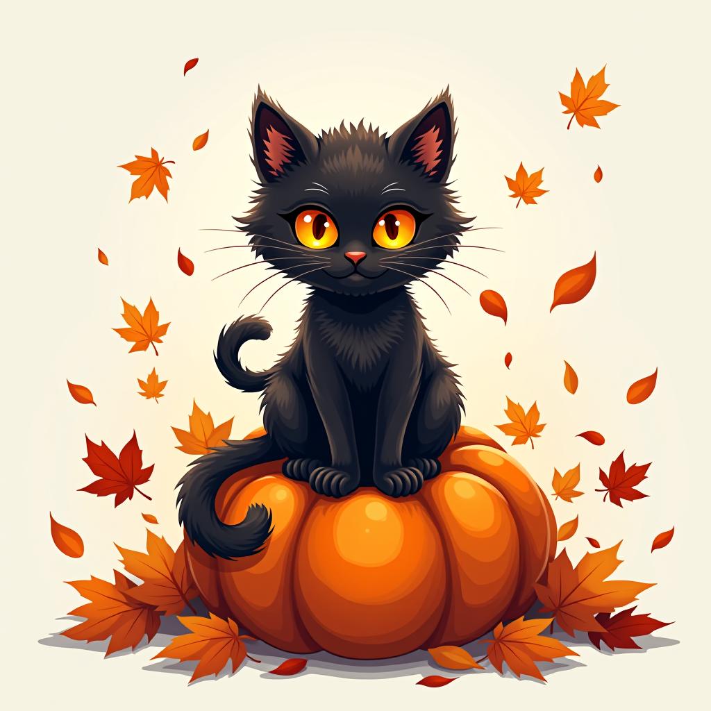  a cute black cat with glowing eyes sitting on a pumpkin, surrounded by swirling autumn leaves in a whimsical style, with warm, moody lighting. t shirt design, vector, contour, white background, no mockup hyperrealistic, full body, detailed clothing, highly detailed, cinematic lighting, stunningly beautiful, intricate, sharp focus, f/1. 8, 85mm, (centered image composition), (professionally color graded), ((bright soft diffused light)), volumetric fog, trending on instagram, trending on tumblr, HDR 4K, 8K