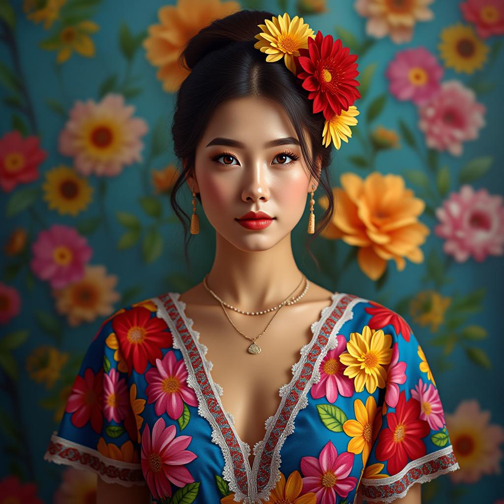  hyperrealistic art a portrait photo of a woman in a colorful mexican flower dress. very colorful background. flower on background. frontal photo . extremely high resolution details, photographic, realism pushed to extreme, fine texture, incredibly lifelike