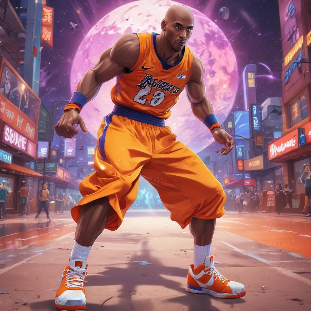 distance-shot, flashy, full-body, dynamic, holographic, animated cartoon poster of kobe scene in the style of dragon ball super