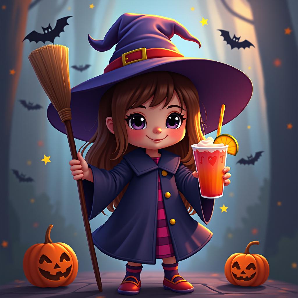  create a digital painting featuring a cute witch character. the witch should be wearing a hat. in one hand, the witch should hold a broomstick, and in the other hand, a halloween themed drink. the background should be colorful and include small black bats, pumpkins and stars to add a playful halloween touch. the overall style should be cute, whimsical, and colorful hyperrealistic, full body, detailed clothing, highly detailed, cinematic lighting, stunningly beautiful, intricate, sharp focus, f/1. 8, 85mm, (centered image composition), (professionally color graded), ((bright soft diffused light)), volumetric fog, trending on instagram, trending on tumblr, HDR 4K, 8K