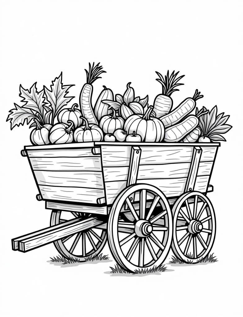  a rustic wooden cart filled with harvest vegetables, black and white line art on a white background, for an adult coloring page.