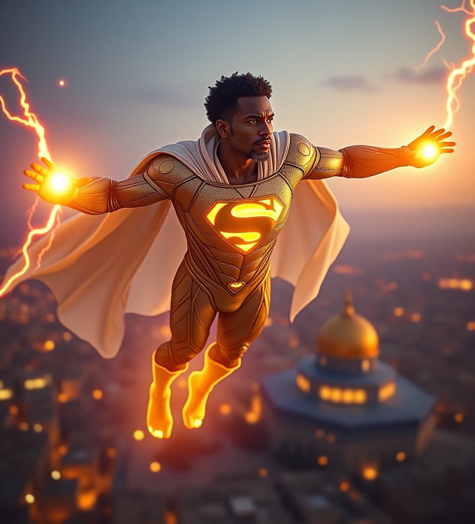  african superman king priest, flying over the dome of the rock in jerusalem, his cape is radiant iridescent gold electric blue magenta iridescent translucent, gold mli foil transparent iridescent lightsail cape. his suit is shiny pearlescent reflective iridescent ultraviolet infrared, white and golden glowing iridescent, gold, golden shining energy gold armor. iridescent glowing illuminated gold "s" on chest, kamehameha plasma power sphere iridescent flashing solar fireballs glowing from his lightning fists. glowing iridescent lightning shooting out radiating from his eyes, short curly temple fade black hair on head, white platinum goatee beard.