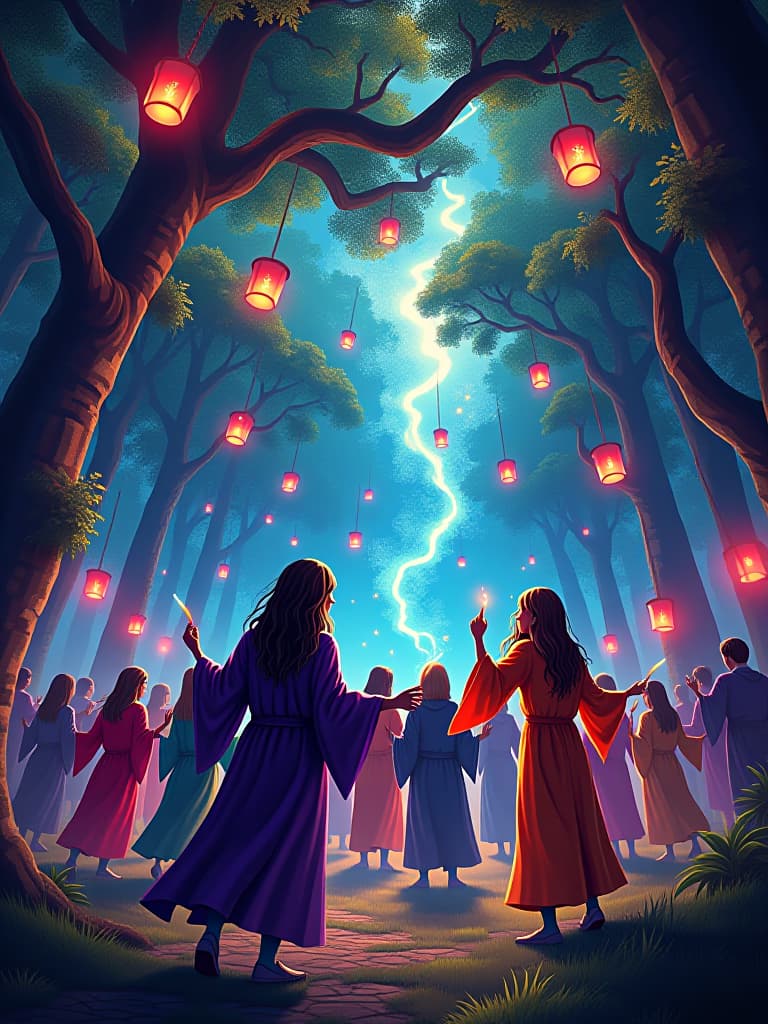  (masterpiece, ultra high res, vibrant colors:1.3), enchanting hogwarts rave party, students in colorful wizard robes, (joyful expressions:1.2), dancing beneath towering trees, (bioluminescent plants:1.4) illuminating the scene, floating lanterns casting a kaleidoscope of light, (swirling psychedelic patterns:1.3) in the sky, ethereal music notes visually intertwining in the air, creating a mesmerizing symphony of sound and color, (magical atmosphere:1.2), vivid ink drawing style reminiscent of dmt experiences, rich details in foliage and fabric, dynamic angle, euphoric hallucinations, mystical energy flowing, dark forest backdrop, vibrant and surreal, capturing the essence of a cosmic trance. hyperrealistic, full body, detailed clothing, highly detailed, cinematic lighting, stunningly beautiful, intricate, sharp focus, f/1. 8, 85mm, (centered image composition), (professionally color graded), ((bright soft diffused light)), volumetric fog, trending on instagram, trending on tumblr, HDR 4K, 8K